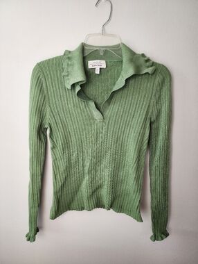 Wool Ribbed Knit Long-Sleeve Collared Top